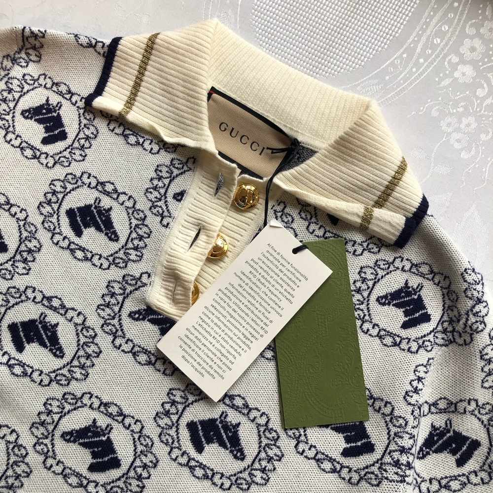 Gucci Equestrian Jacquard Polo Short Sleeves Sweater Cream/Navy Women's Size XS - Picture 7 of 16